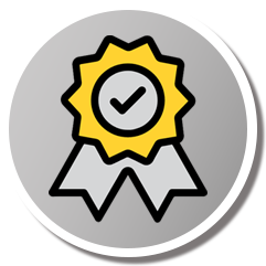 Icon showing award ribbon with check mark in center
